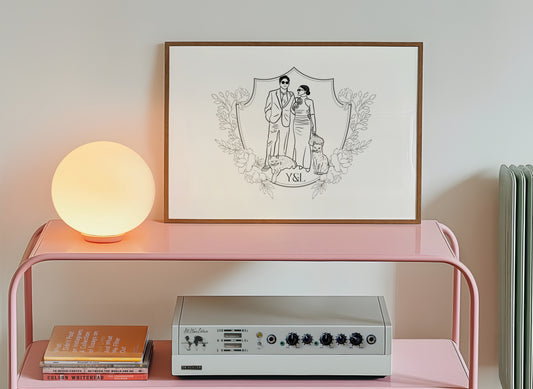 Kişiye özel line art old money stili çift posteri - crest model