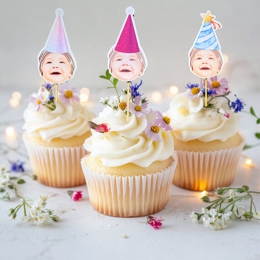 Kişiye özel fotoğraflı şapkalı model cupcake & pasta süsü - 10 adet