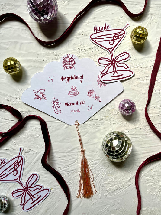 Minimal yelpaze & kokteyl masa kartı seti