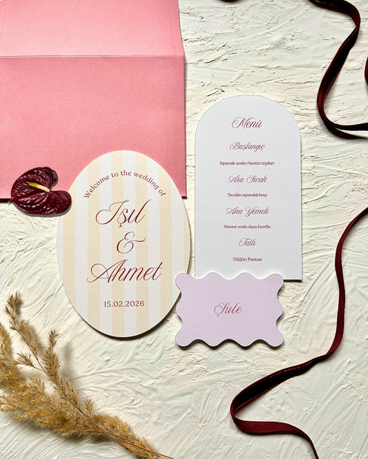 Sarı oval kesim masa kartı & menü seti