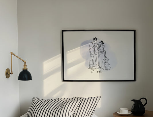 Kişiye özel line art stili çift posteri - Suluboya model